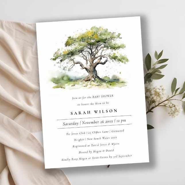 Invitation Elégant Baby shower vert Aquarelle Chêne Arbre (Créateur téléchargé)