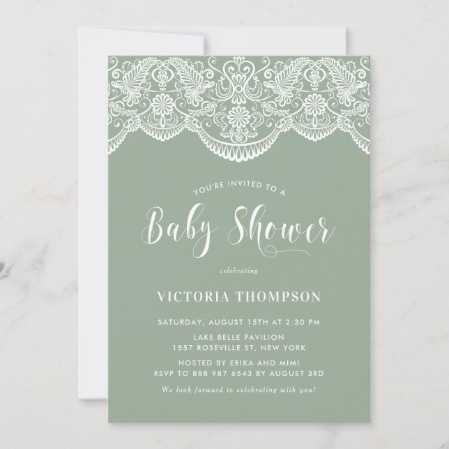 Invitation Elégant Baby shower vert Brocade Lace Sage Floral (Devant)