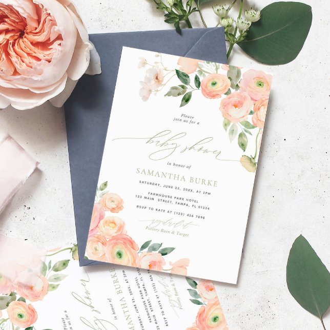 Invitation Élégant Baby shower vert de couleur blush & Sage (Créateur téléchargé)