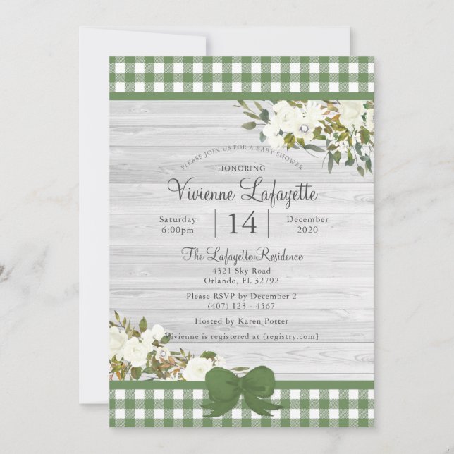 Invitation Élégant Baby shower vert En vichy floral (Devant)