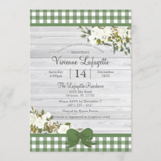 Invitation Élégant Baby shower vert En vichy floral