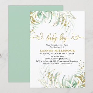 Invitation Élégant Baby shower vert et doré