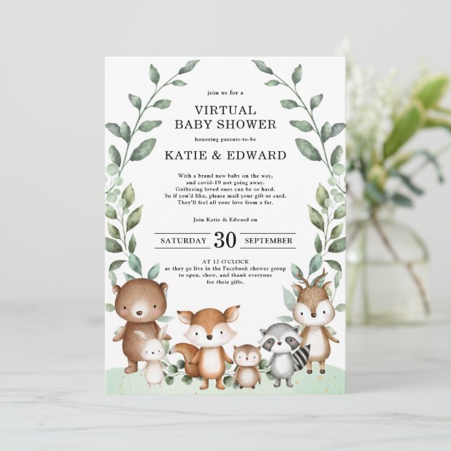 Invitation Élégant Baby shower virtuel de verdure des bois (Debout devant)