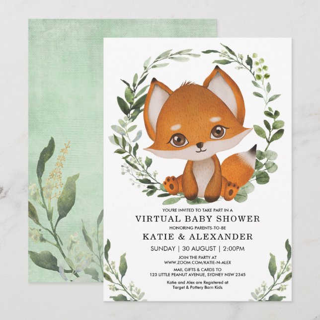Invitation Élégant Baby shower virtuel Fox verdure par courri (Devant / Derrière)