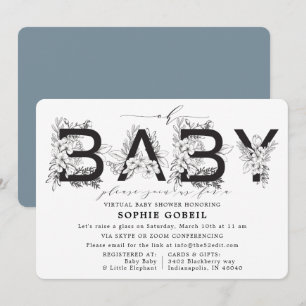 Invitation Élégant Baby shower VIRTUTAL Floral Bleu