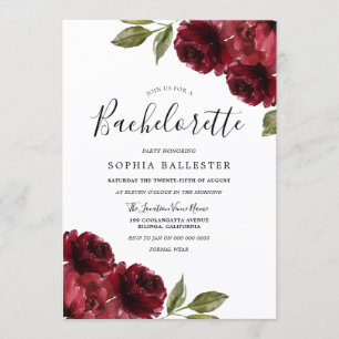 Invitation Élégant Bachelorette Fleurs Rouges Bourgogne