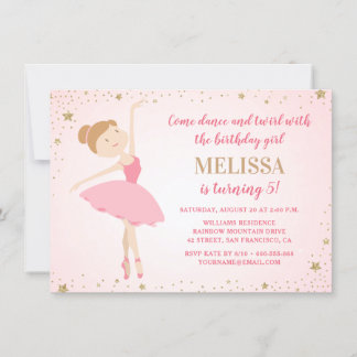 Invitation Élégant Ballerina Rose Gold Stars | Fille Annivers