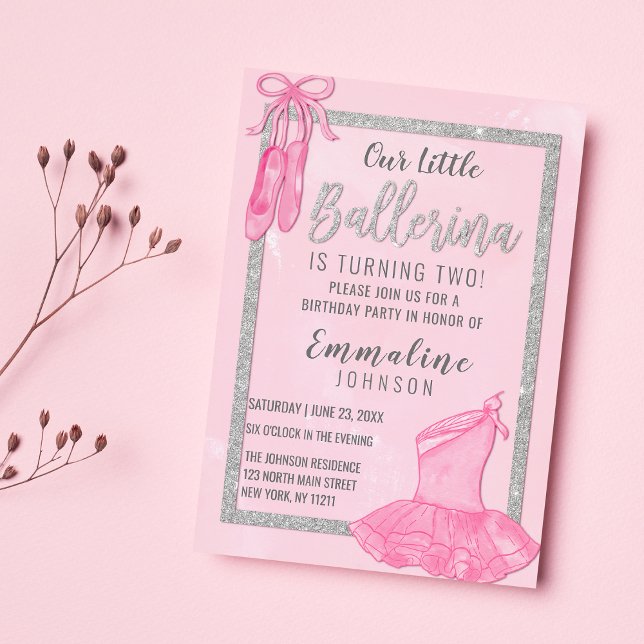Invitation Elégant ballerine d'argent rose aquarelle Annivers (Elegant pink silver ballerina watercolor Birthday)