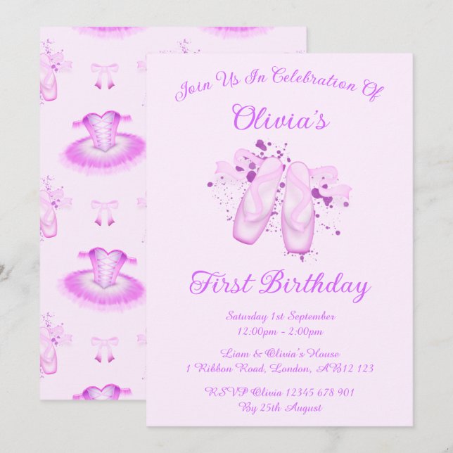 Invitation Elégant Ballet Rose Anniversaire Pointe Chaussures (Devant / Derrière)