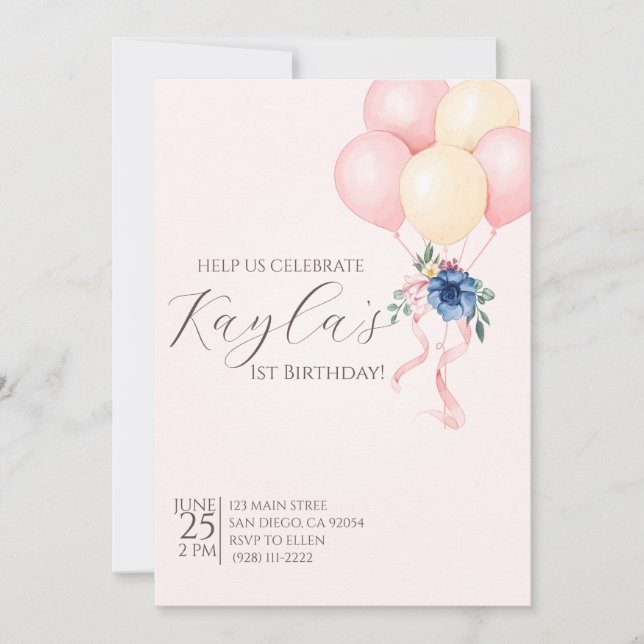 Invitation Élégant ballon rose floral premier anniversaire (Devant)
