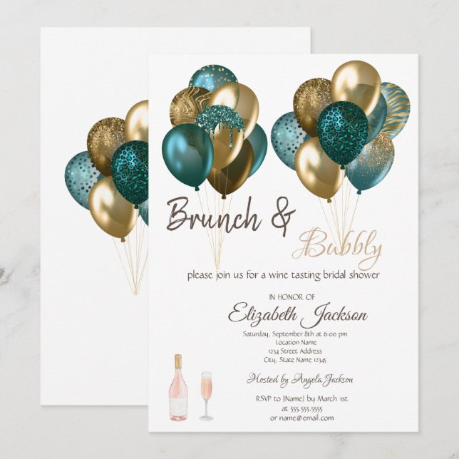 Invitation Elégant Ballons Brunch & Fête des mariées Bubbly (Devant / Derrière)