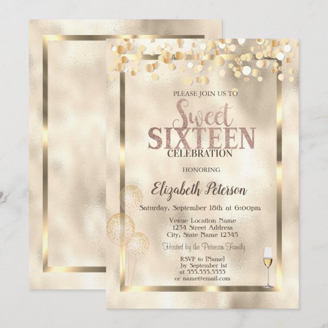 Invitation Elégant Ballons d'or Frame Sweet 16 (Devant / Derrière)