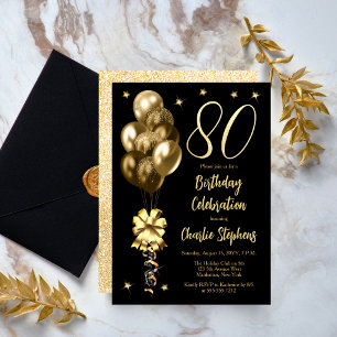 Invitation Elégant Ballons d'or sur Black 80th Birthday Party