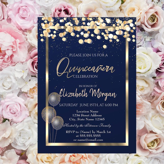 Invitation Elégant Balloons Confetti Marine Blue Quinceañera (Créateur téléchargé)
