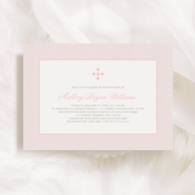 Invitation Élégant Baptême Bébé Motif de la Croix Rose Brouss (Créateur téléchargé)