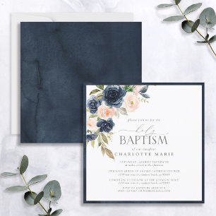 Invitation Élégant Baptême Bleu Bleu Rose Flore Baptême Bébé