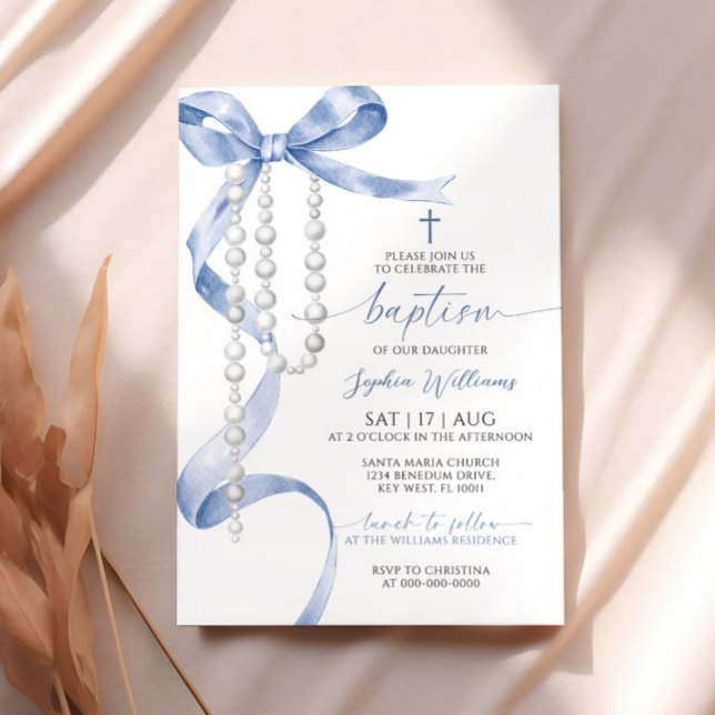 Invitation Élégant Baptême Bleu et Rosaire (Créateur téléchargé)