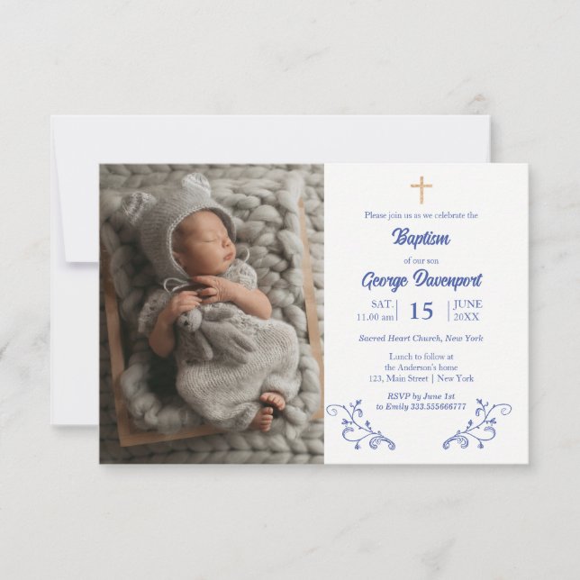 Invitation Élégant Baptême Bleu Français Religieux (Devant)