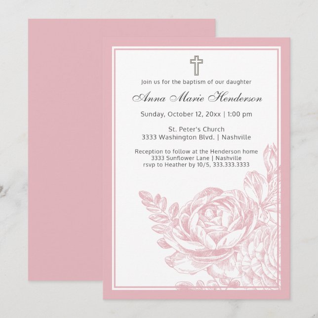 Invitation Élégant Baptême Blush ligne rose tiré floral (Devant / Derrière)