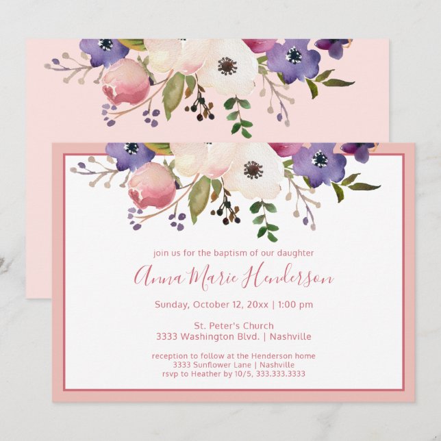 Invitation Élégant Baptême Blush rose et fille de crème (Devant / Derrière)