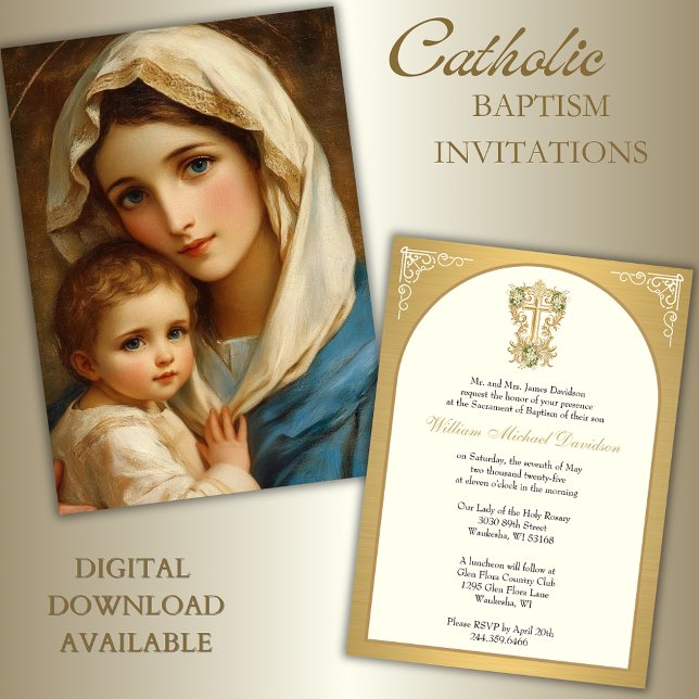 Invitation Élégant baptême catholique Marie Jésus Or (Créateur téléchargé)