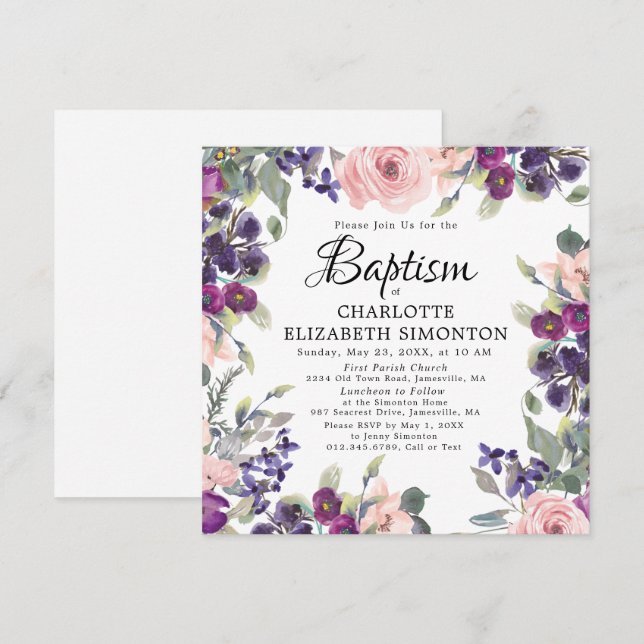 Invitation Élégant Baptême de Carré Floral Rose Pretty (Devant / Derrière)