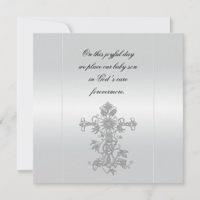 Invitation Élégant Baptême de croix de satin blanc argenté (Devant)