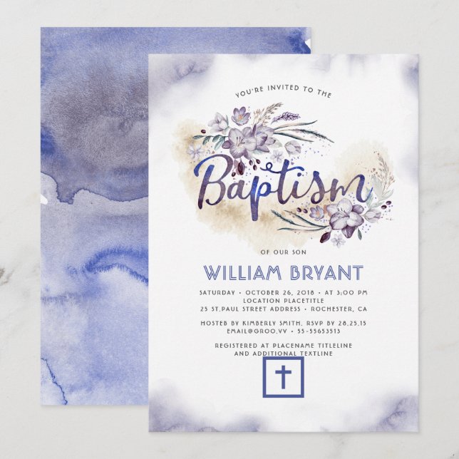 Invitation Élégant Baptême de garçon bleu de la marine floral (Devant / Derrière)