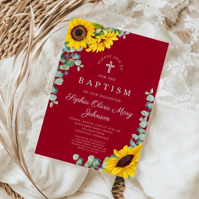 Invitation Élégant Baptême de la Croix de Tournesol Bourgogne (Créateur téléchargé)