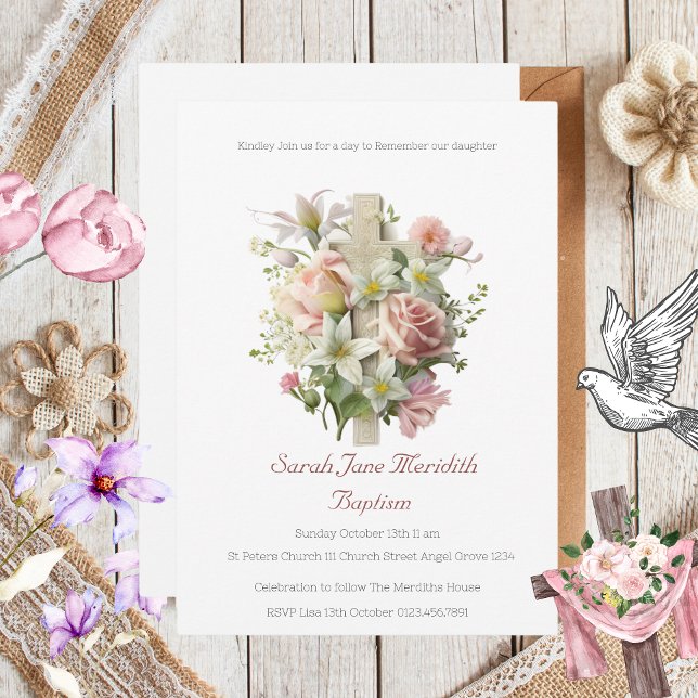 Invitation Élégant Baptême de la Croix Florale (Elegant Floral Cross Baptism Invitation )