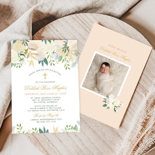 Invitation Élégant Baptême Fille Floral Vert Or Rose