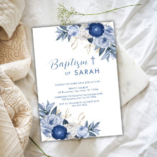 Invitation Elégant Baptême Fleur Bleue Croix de Christening