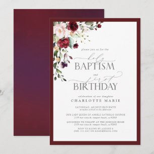 Invitation Élégant Baptême Floral Burgundy 1er Anniversaire