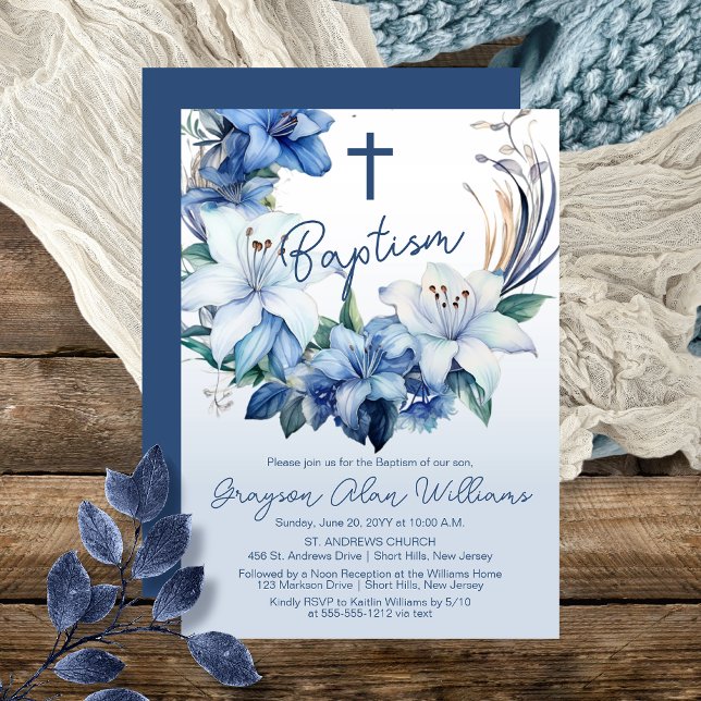 Invitation Élégant Baptême Floral Hiver Bleu Garçon (Elegant Blue Winter Floral Boy Baptism Invitation)
