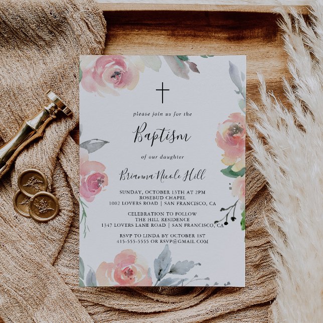Invitation Élégant Baptême floral rose (Créateur téléchargé)
