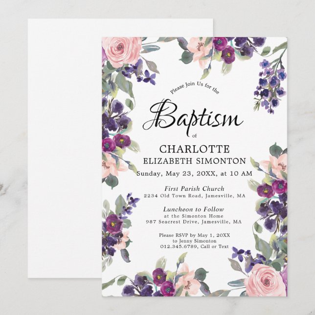 Invitation Élégant Baptême Floral rose violet (Devant / Derrière)