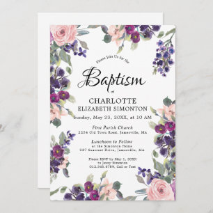 Invitation Élégant Baptême Floral rose violet
