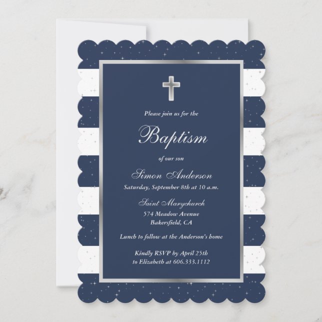 Invitation Élégant Baptême Garçon Croix Argent Bleu (Devant)