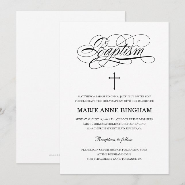 Invitation Élégant Baptême noir et blanc (Devant / Derrière)