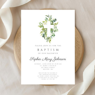 Invitation Élégant Baptême Religieux Croisé Botanique