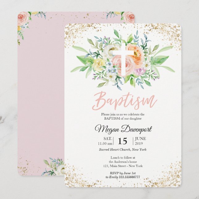 Invitation Élégant Baptême rose florale (Devant / Derrière)