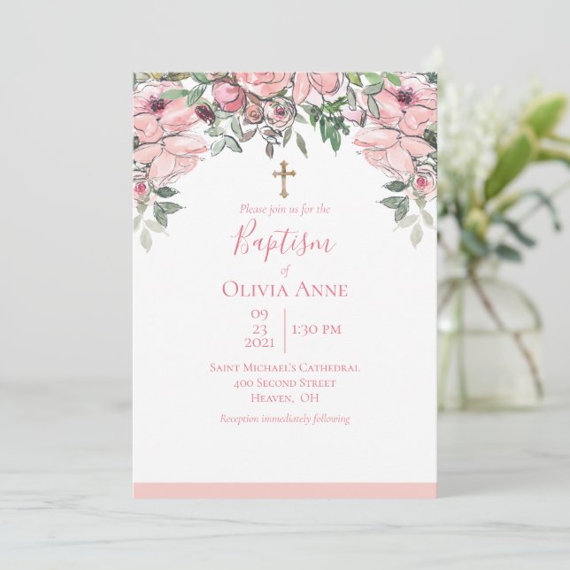 Invitation Élégant Baptême rose Nom floral (Debout devant)
