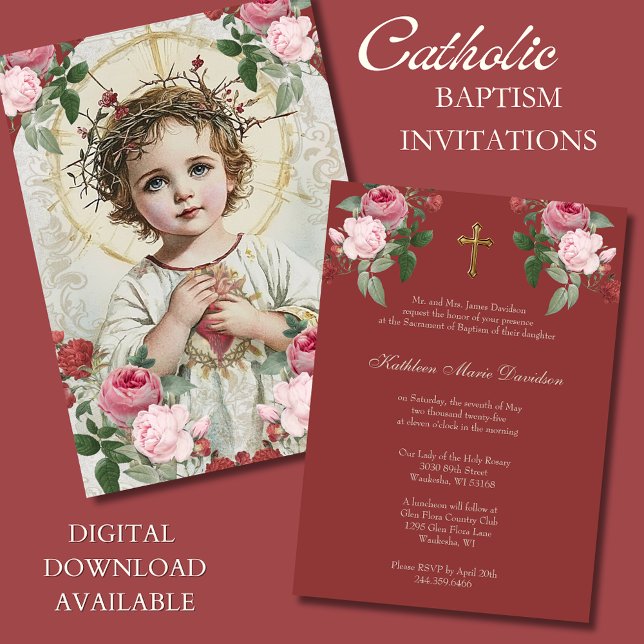 Invitation Élégant Baptême rose Rouge Floral Jésus (Créateur téléchargé)