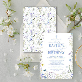 Invitation Élégant Baptême Saint et 1ère Fleurs Bleues Annive