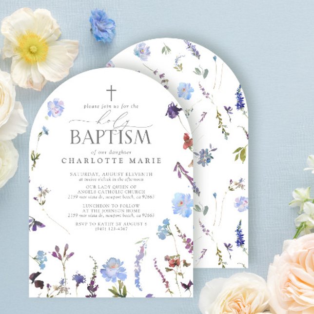 Invitation Élégant Baptême Script Dusty Fleur sauvage bleu (Créateur téléchargé)