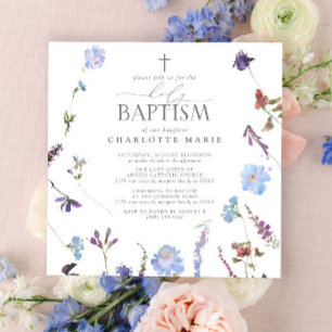 Invitation Élégant Baptême Script Dusty Fleur sauvage bleu