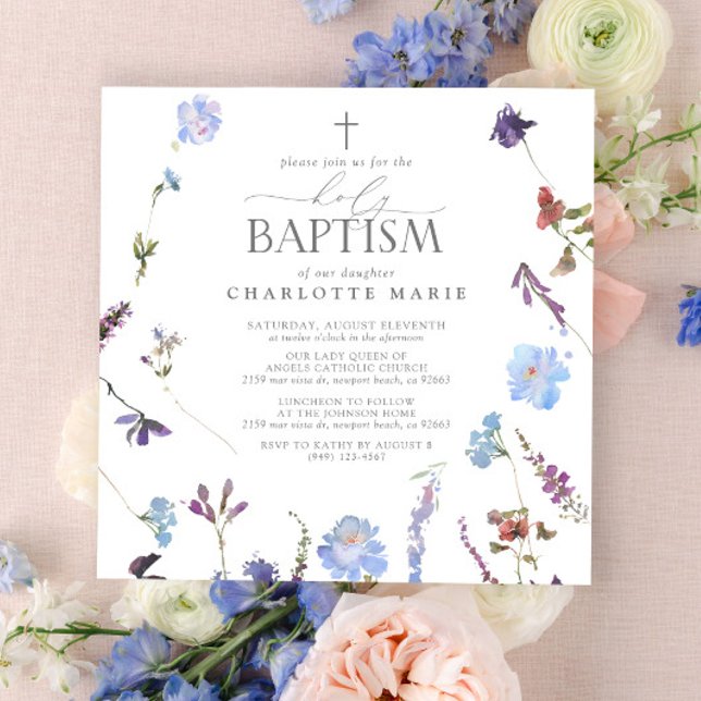 Invitation Élégant Baptême Script Dusty Fleur sauvage bleu (Holy Baptism Invitation)