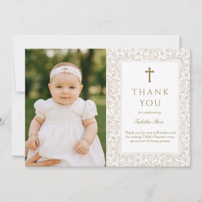 Invitation Elegant Baptism  | Gold Cross Photo Thank You (Devant)