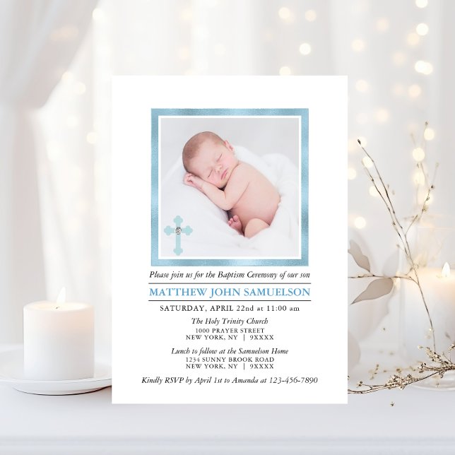 Invitation Élégant BAPTISME CHRISTENING Blue Boy | PHOTO (Elegant BAPTISM CHRISTENING Blue Boy  PHOTO Invitation)