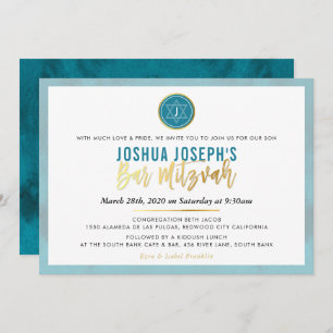 Invitation ÉLÉGANT BAR MONOGRAM MITZVAH turquoise en or bleu
